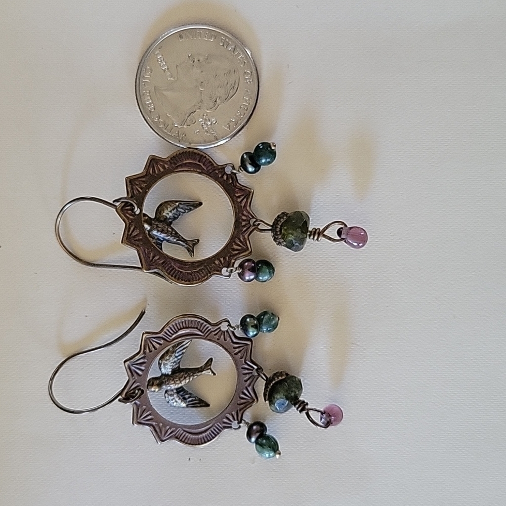 Flying into Light Bird Sunburst Ring Beaded Mini Chandelier Earrings - Picture 10 of 12
